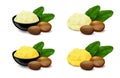 Yellow and ivory shea butter with nuts and leaves isolated on white background Royalty Free Stock Photo